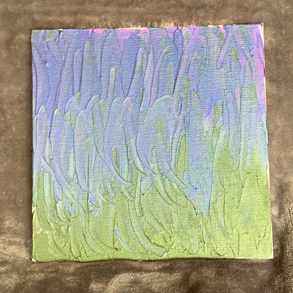 “Lavender II” Iridescent Metallic lavender, blue and green on an 8”x8” canvas